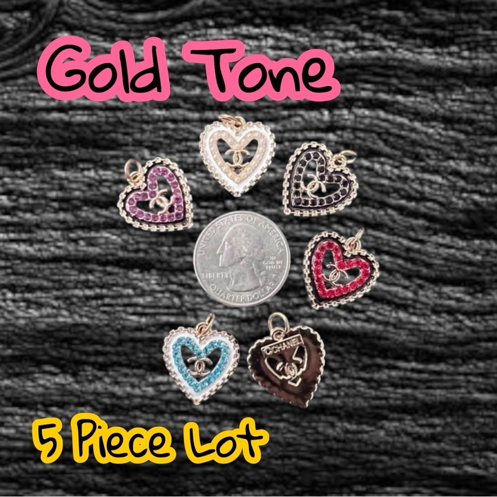 5 Piece Lot Bundle CC Heart Gold Tone Zipper Pull Button Charms 19mm
